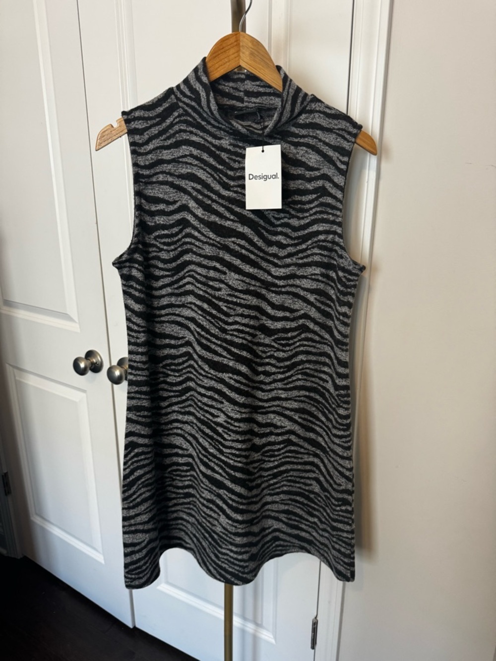 Desigual Sleeveless Mock Neck Zebra-Print Dress in Black and Gray